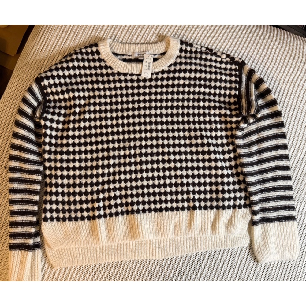 Madewell NWT Alpaca Blend Diamond Stripe Crewneck Sweater Brown & Cream Small